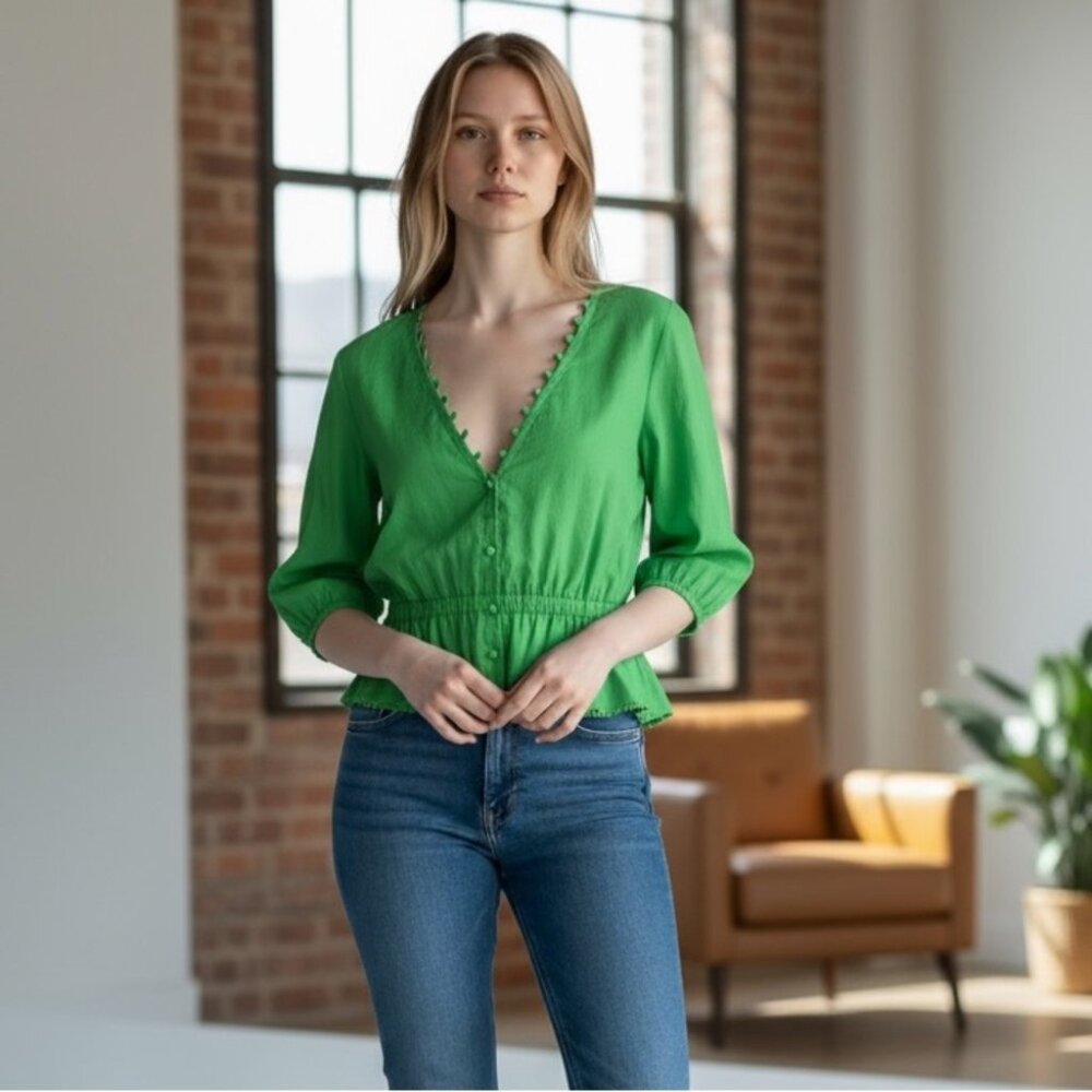ASOS Design Kelly Green Cottagecore Crop Top US 10 UK 14 Open Back Plunge V-Neck